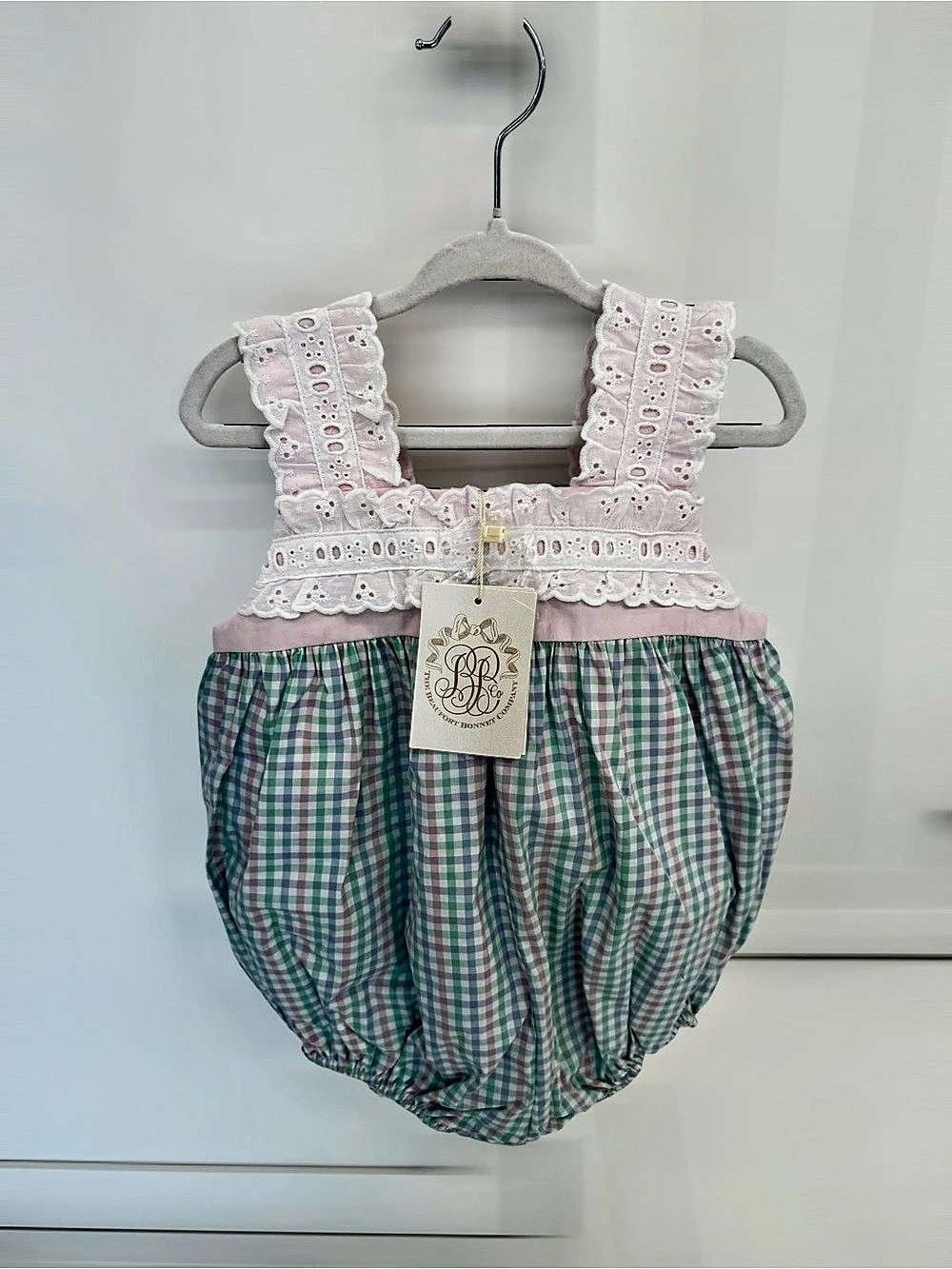 Girls Beaufort Bonnet Company Gingham Lace Romper in Pink & Green Size 2T NWT